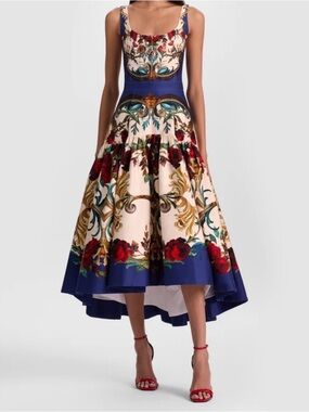 Alice + Olivia Blue, Cream and Red Baroque High-Low Dress